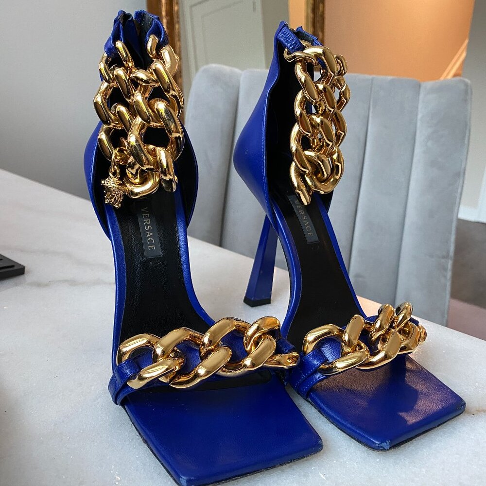 Versace Women's Medusa Chain Blue Heels